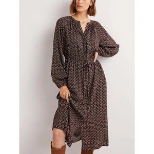 Boden Womens Tie Waist Detail Midi Dress Black Floral Button Front size 6